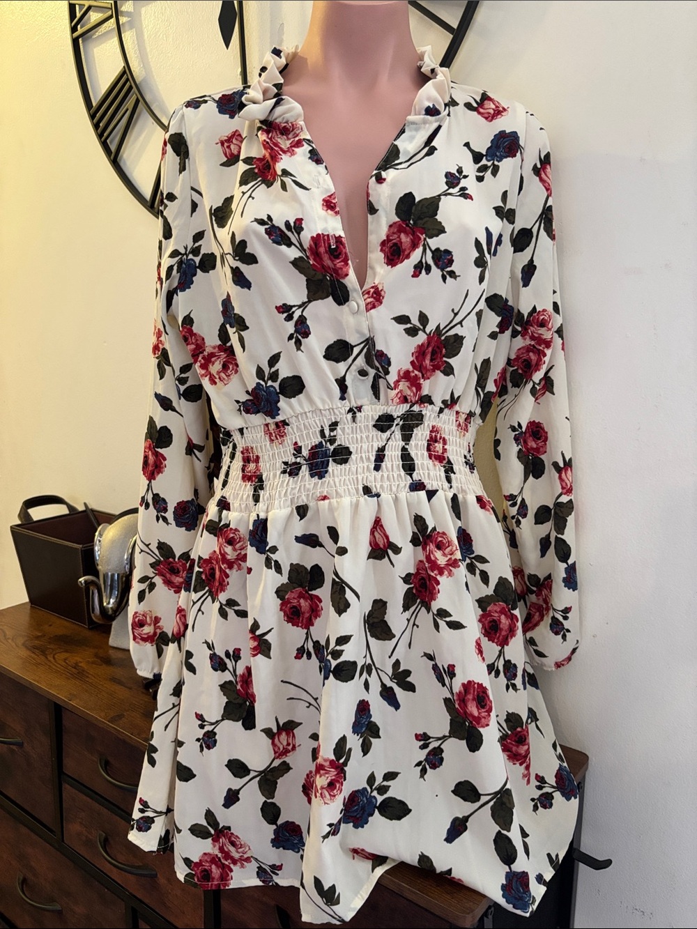 #233 Floral Smocked Waist Long Sleeve Dress - White with Rose Print